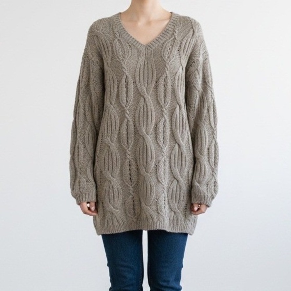 Vintage Cable Open Knit Sweater L 90s Tunic Oversized Ramie/Cotton Boho Earthy